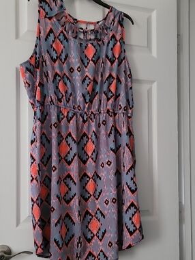 bloom Sleeveless Aztec Mini Dress in Coral and Light Blue